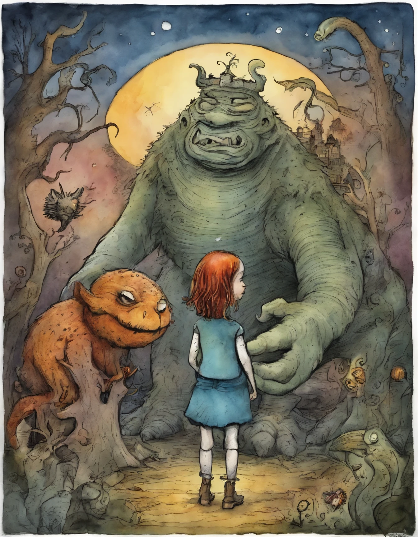 a cartoon picture of a girl standing in front of a giant monster, tim burton comic book art, from alice in wonderland, by Ryan Stegman, by Jason Teraoka, skottie young, giant alice in wonderland, by Jack Boul, alice goes down the rabbit hole, by Craig Thompson, in style of tim burton, inspired by William Stout