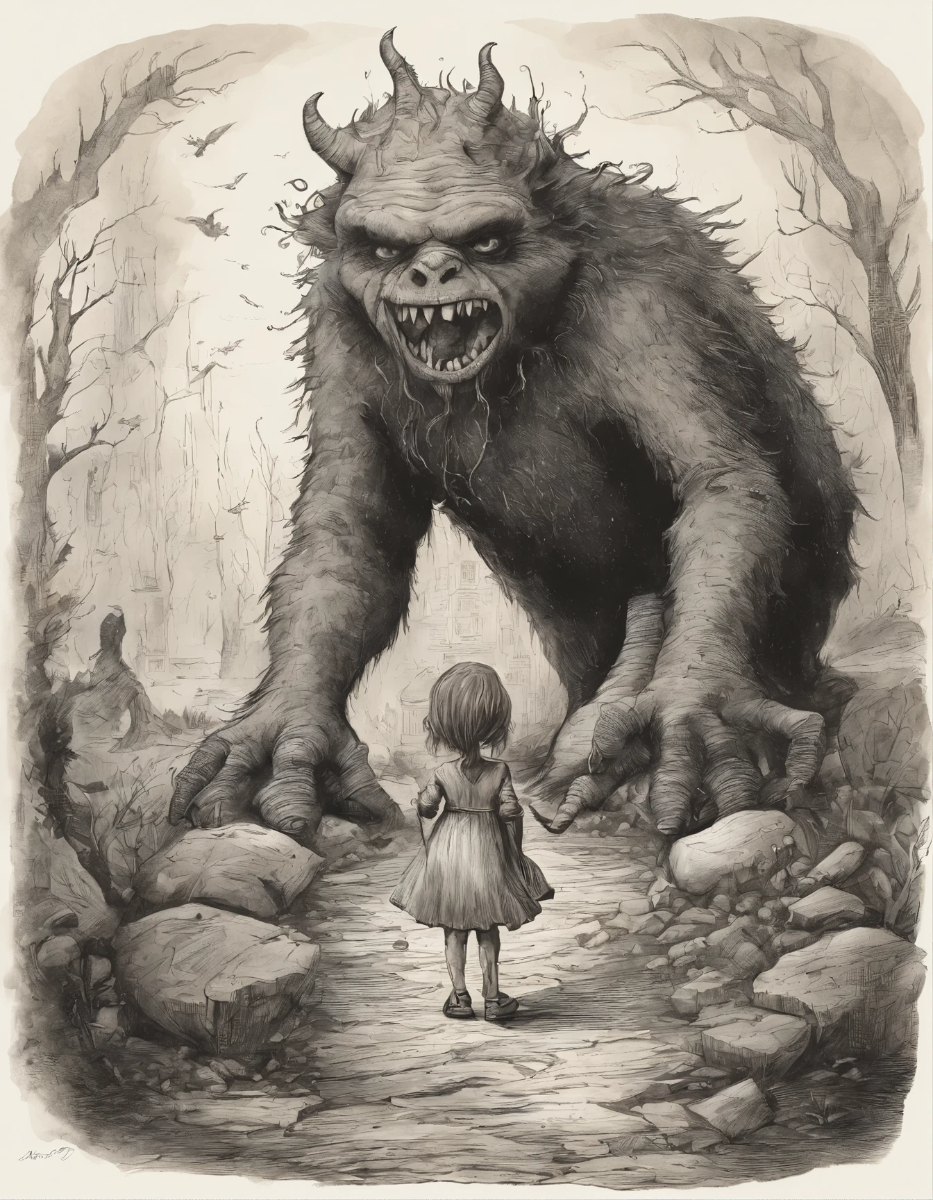 a cartoon picture of a girl standing in front of a giant monster, a storybook illustration by Ryan Stegman, tumblr, lowbrow, tim burton comic book art, from alice in wonderland, skottie young, giant alice in wonderland, alice goes down the rabbit hole, in style of tim burton, jamie mckelvie comic art, like alice in wonderland