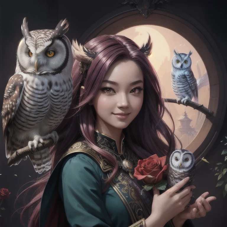 (Highest Quality, Masterpiece: 1,1), (Mystic Package,  with Owl, Dark Eyes, Bright Smile, Rose Hair, Illustration by Ross Tran), Painting, Detailed, ((Ross Tran Style)), 8K