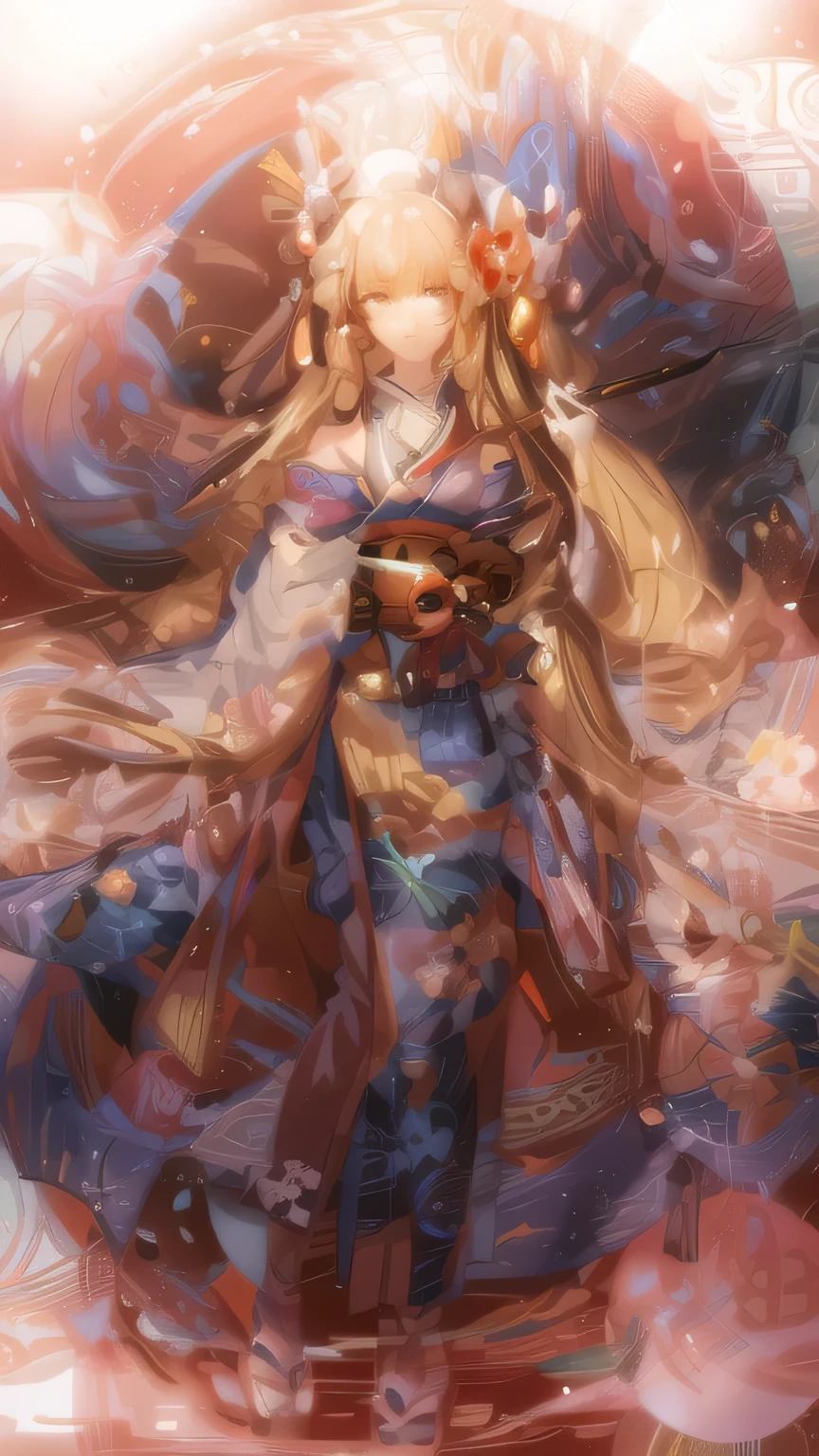 1girl, detailed anime girl, beautiful detailed eyes, beautiful detailed lips, extremely detailed face and features, long flowing hair, red kimono, holding sword and gold coins, onmyoji, onmyoji portrait, onmyoji detailed art, ayaka genshin impact, anime goddess, fox and bushes, fox holding torch, long-haired blonde anime girl, ayaka game genshin impact, best quality, 8k, highres, masterpiece, ultra-detailed, realistic, photorealistic, photo-realistic, HDR, UHD, studio lighting, ultra-fine painting, sharp focus, physically-based rendering, extreme detail description, professional, vivid colors, bokeh