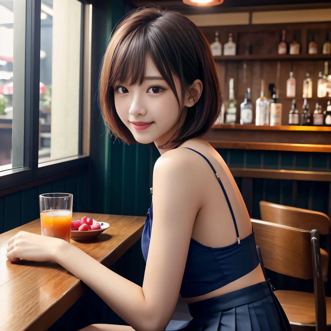 Product quality,photograph、 8k wallpaper、 One girl, Upper Body Shot, Front view, Young and beautiful woman in Japan, 、15 years old、bar、Tavern、Izakaya chair、Sitting with a smile, attractive、Floral clothes、Silk Camisole、 Wearing a navy blue pleated mini skirt, Super cute face, Glossy lips, Double eyelids on both eyes, Natural Makeup, Long eyelashes, shiny smooth light brown 、Ultra short hair、Berry Short, Asymmetrical bangs, Sunburned skin, Center image, High resolution, High detail, Detailed hairstyle, Detailed face, Spectacular movie lighting, Octane Rendering, Vibrant, Ultra-realistic, Perfect limbs, Perfect Anatomy、