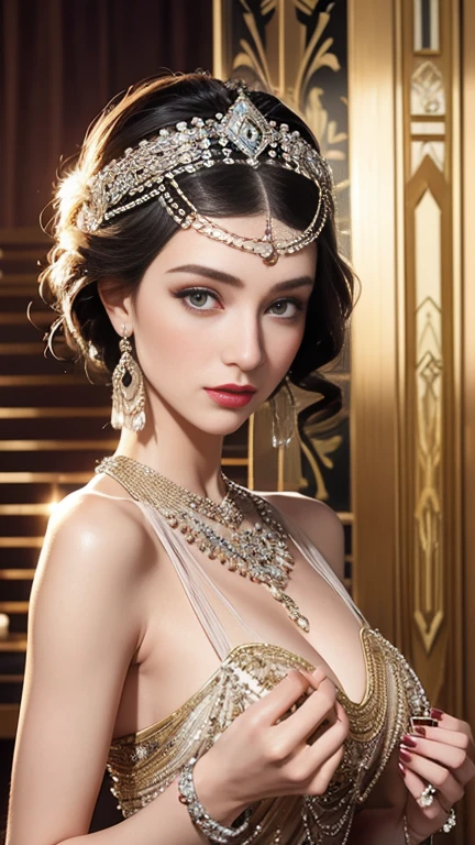 Create an image of a Roaring Twenties model in a lavish, glamorous dress with beaded fringes and a feathered headband. She is stylishly spraying perfume from an elegant glass bottle, set against the backdrop of an Art Deco-inspired room with geometric patterns and opulent furnishings.