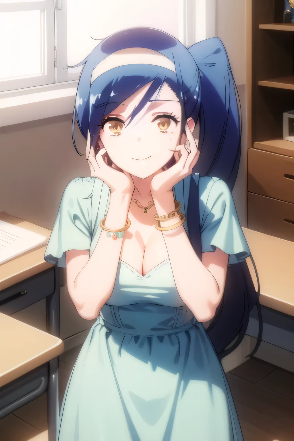 1girl, solo, (masterpiece, best quality:1.4), extremely detailed face, perfect lighting,hair between eyes, ponytail, jewelry, dress, cleavage, bracelet, clothing cutout, desk, hands on own face, smiling