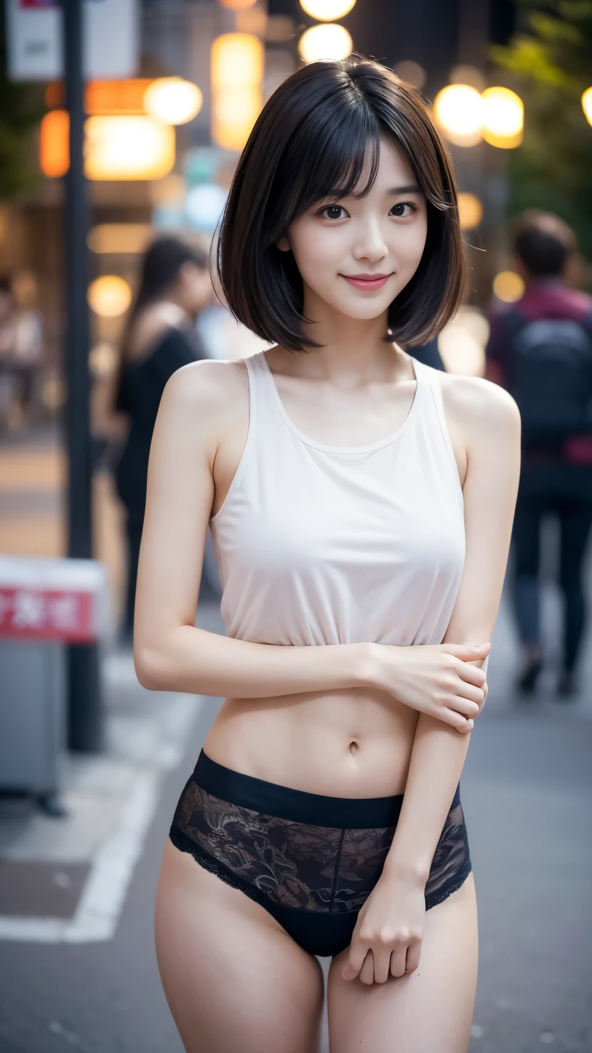Thin legs, , New York night view、Blur the background, Sidewalk, RAW Photos, 8K, highest quality, Ultra-high resolution, Beautiful face details, Real human skin, Gentle expression, Front view, Angle from below, Long Hair, Realistic, Realistic, cute, The lower half of the body is in panties, cute女子大学生, Office Lady, smile、Japanese、Japanese美女、Professional fashion model, whole body,Perfect Face、Perfect body line、Short Hair Styles,Upper body photo、Stand up straight、
