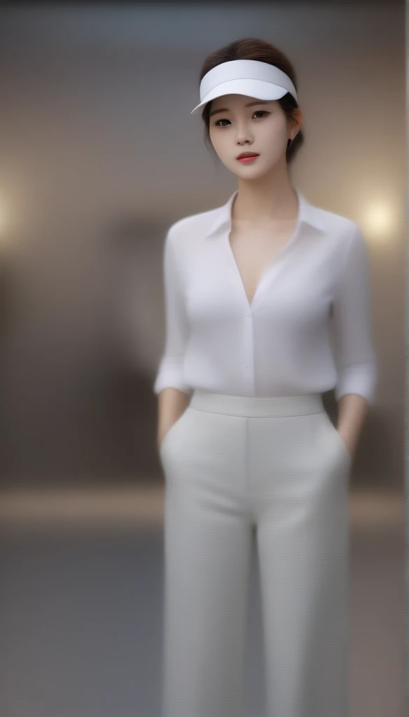 a gorgeous korean woman, 34 inch breasts, wearing slightly unbuttoned white shirt, visor, and pants, standing in a gallery hall, bokeh background, (best quality,8k,highres,masterpiece:1.2),ultra-detailed,realistic,photorealistic,HDR,studio lighting,vivid colors,concept art