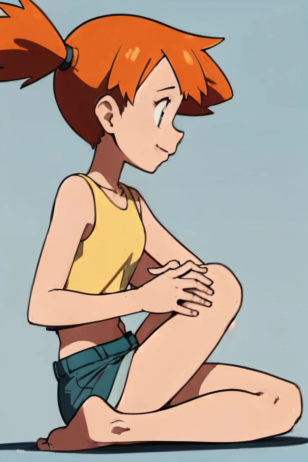 Misty,side view,orange hair,sleeveless,yellow top,hair tied,viewed from side,eyes closed,side view,sensual expression,slightly leaned forwards,leaning in,kneeling,hands on knees,smiling,viewed from side