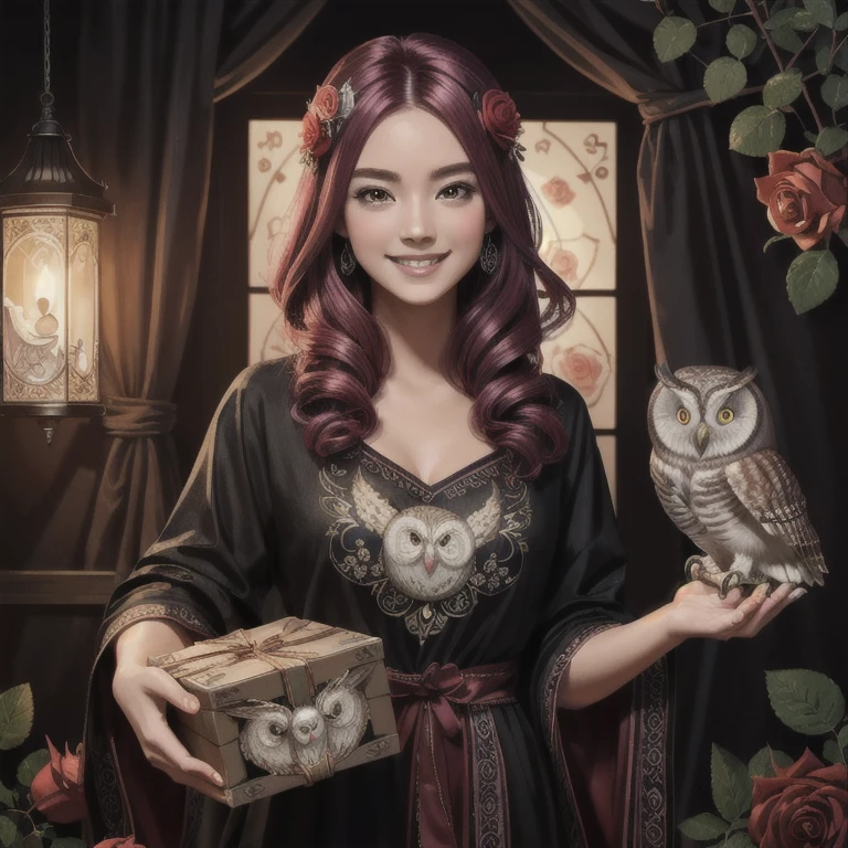 (Highest quality, masterpiece: 1,1), ( Mystic package,  with owl, black eyes, bright smile, rose hair, illustration), painting, detailed, 8K