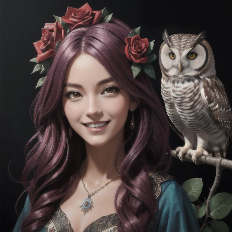 (Highest quality, masterpiece: 1,1), ( Mystic package, with owl, black eyes, bright smile, rose hair, illustration), painting, detailed, 8K