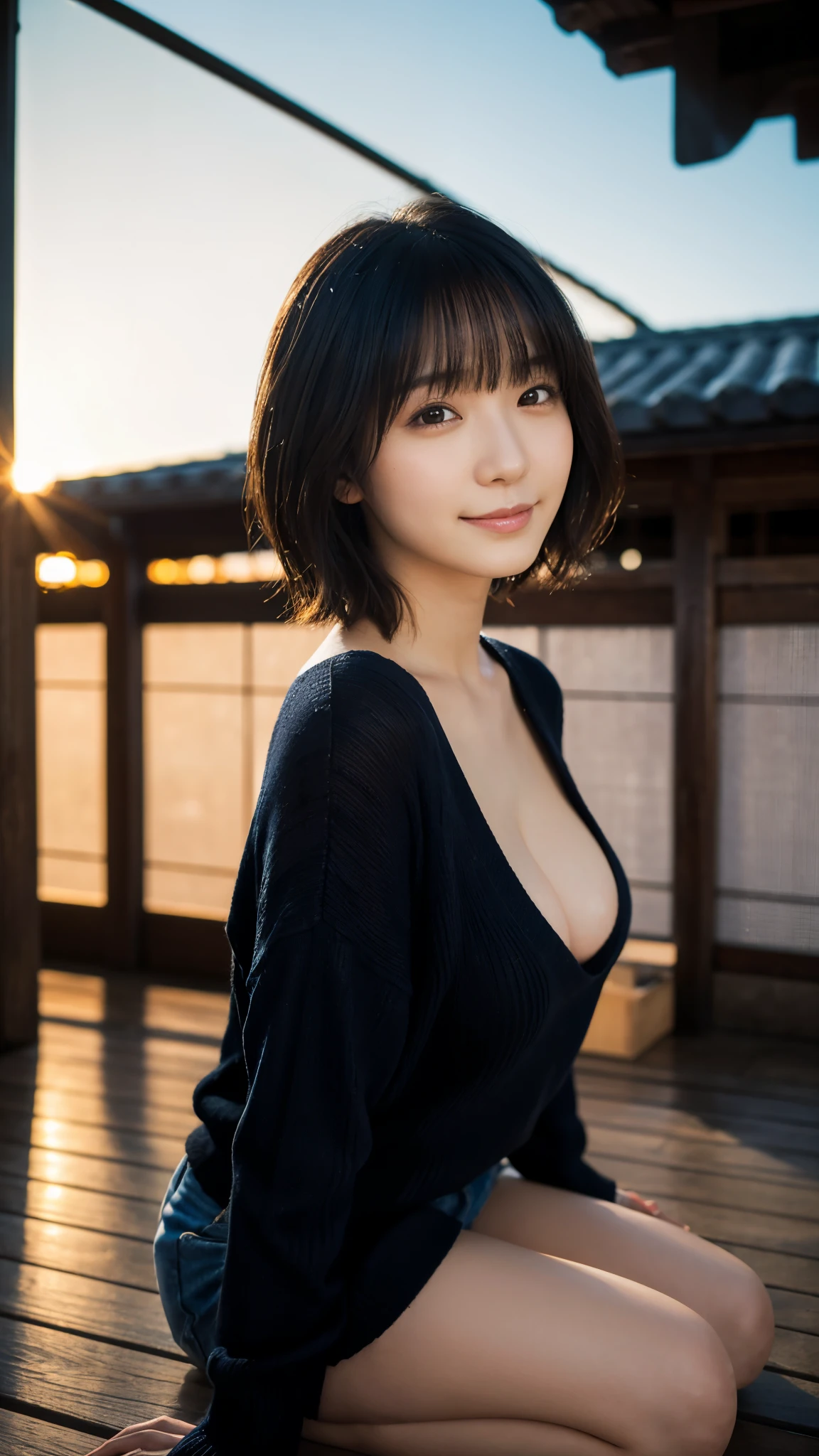 (highest quality,masterpiece:1.3,Ultra-high resolution),(Super detailed,Caustics,8k), (Photorealistic:1.4, RAW shooting),dusk,Sunset sky,Inside the Japan house,Japanese,20-year-old,smile,Black short hair,(Summer knitwear),Big Breasts,Bust up shot,Natural light,Low position,Low - Angle