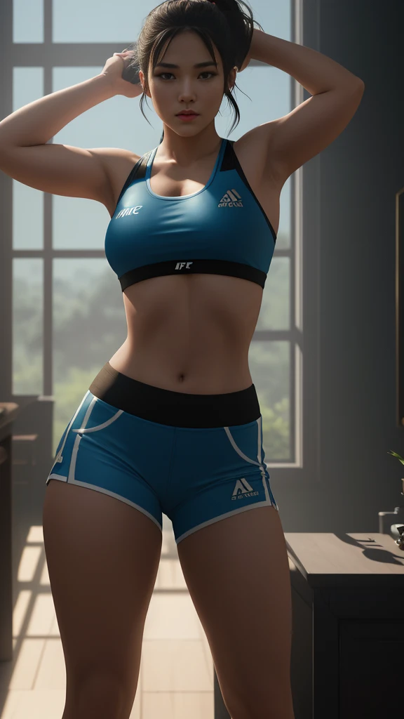  girl as UFC fighter wearing Arcane style high crop top, C-cup, full body, perfect body. perfect light perfect composition Beauty Award winning masterpiece Artstation 8 k Artgerm Mucha Dim Volumetric lighting Octane 18 k Beautiful detail rendering. post processing, portrait, exaggerated detail, complex, grand composition, cinematic lighting, masterpiece, trending art station, high detail, masterpiece, beautiful, 18k , HDR, smooth, sharp focus, high resolution.