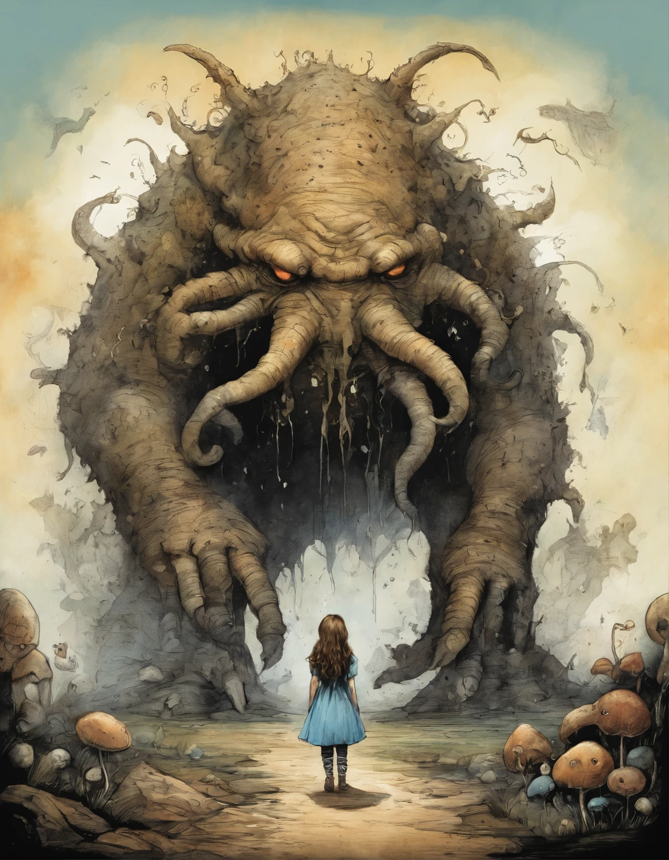 a cartoon picture of a girl standing in front of a giant monster, tim burton comic book art, from alice in wonderland, by Ryan Stegman, by Jason Teraoka, skottie young, giant alice in wonderland, by Jack Boul, alice goes down the rabbit hole, by Craig Thompson, in style of tim burton, inspired by William Stout