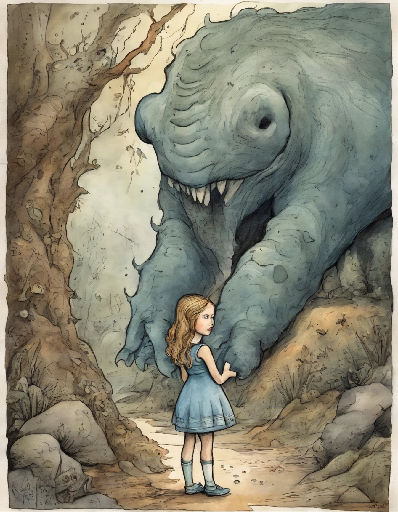 a cartoon picture of a girl standing in front of a giant monster, a storybook illustration by Ryan Stegman, tumblr, lowbrow, tim burton comic book art, from alice in wonderland, skottie young, giant alice in wonderland, alice goes down the rabbit hole, in style of tim burton, jamie mckelvie comic art, like alice in wonderland