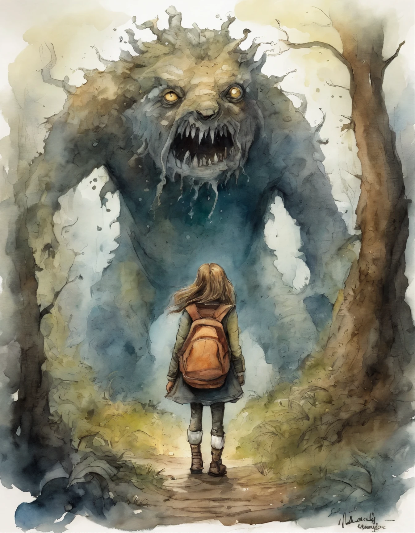 a cartoon picture of a girl standing in front of a giant monster, a storybook illustration by Ryan Stegman, tumblr, lowbrow, tim burton comic book art, from alice in wonderland, skottie young, giant alice in wonderland, alice goes down the rabbit hole, in style of tim burton, jamie mckelvie comic art, like alice in wonderland
