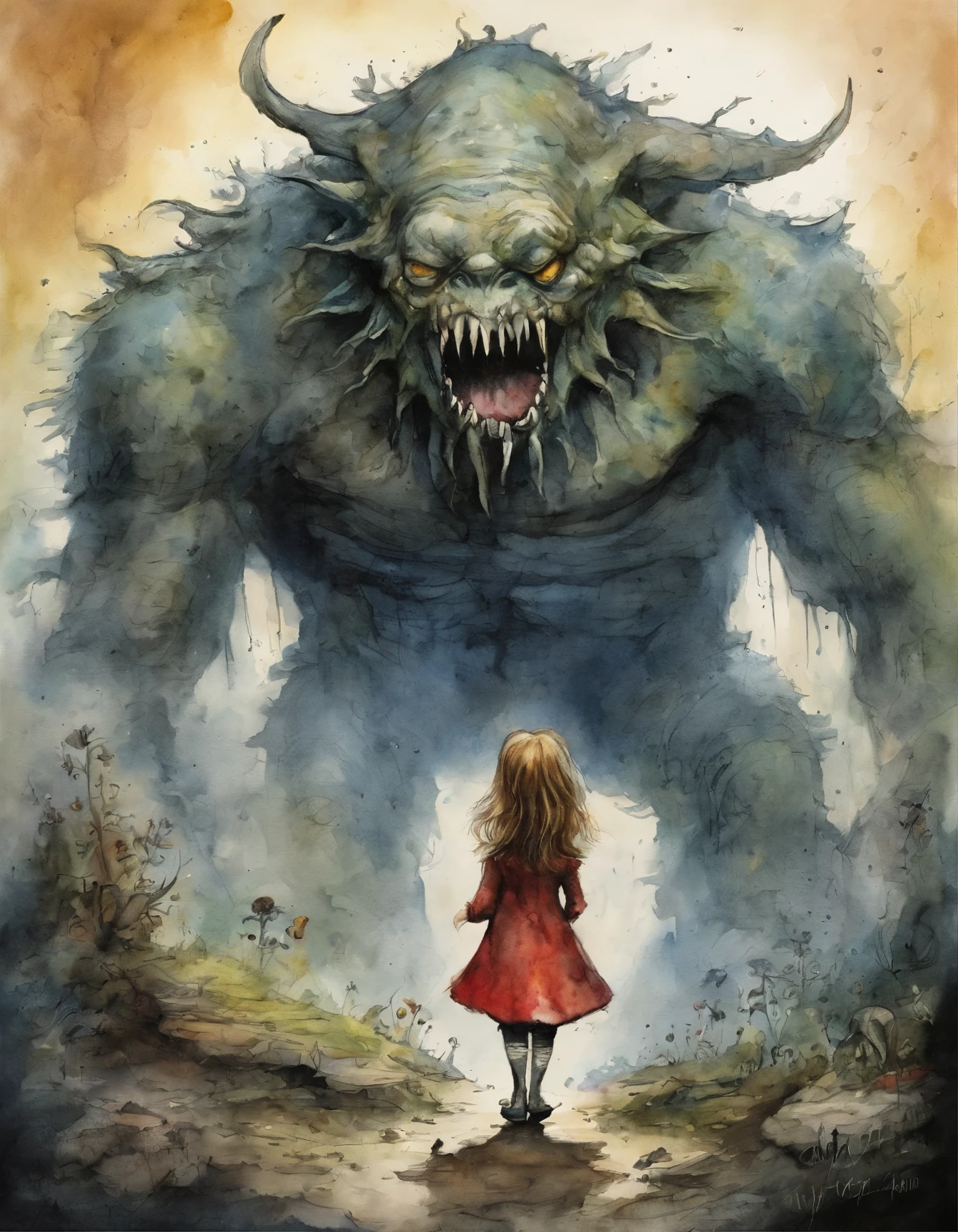 a cartoon picture of a girl standing in front of a giant monster, tim burton comic book art, from alice in wonderland, by Ryan Stegman, by Jason Teraoka, skottie young, giant alice in wonderland, by Jack Boul, alice goes down the rabbit hole, by Craig Thompson, in style of tim burton, inspired by William Stout