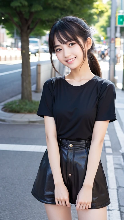 Street snapshot of a young Japanese woman。The top of the outfit is a plain T-shirt.、Others are Lolita-style fashion。The expression is a smile。
