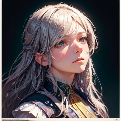 Hyperrealist Female Portrait by David Hockney and Alphonse Mucha,Fantasy art, Photorealistic, Dynamic Lighting, Art Station, Poster, Volumetric lighting, Highly detailed face, 4k yen, Awards,, One girl, In the Dark, Deep Shadow, Modest,Cowboy Shot,(Official attire:1.4) ,Long Hair,Gray Hair,