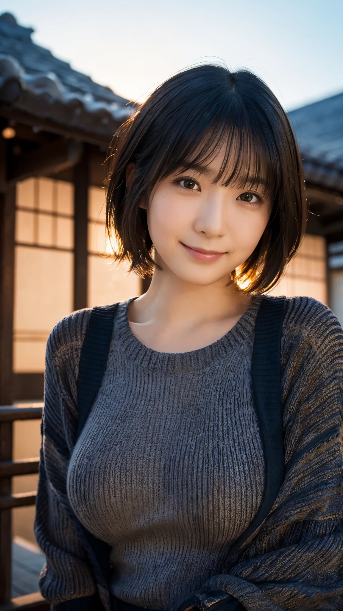 (highest quality,masterpiece:1.3,Ultra-high resolution),(Super detailed,Caustics,8k), (Photorealistic:1.4, RAW shooting),dusk,Sunset sky,Inside the Japan house,Japanese,20-year-old,smile,Black short hair,(Summer knitwear),Big Breasts,Bust up shot,Natural light,(Low position),(Low - Angle)