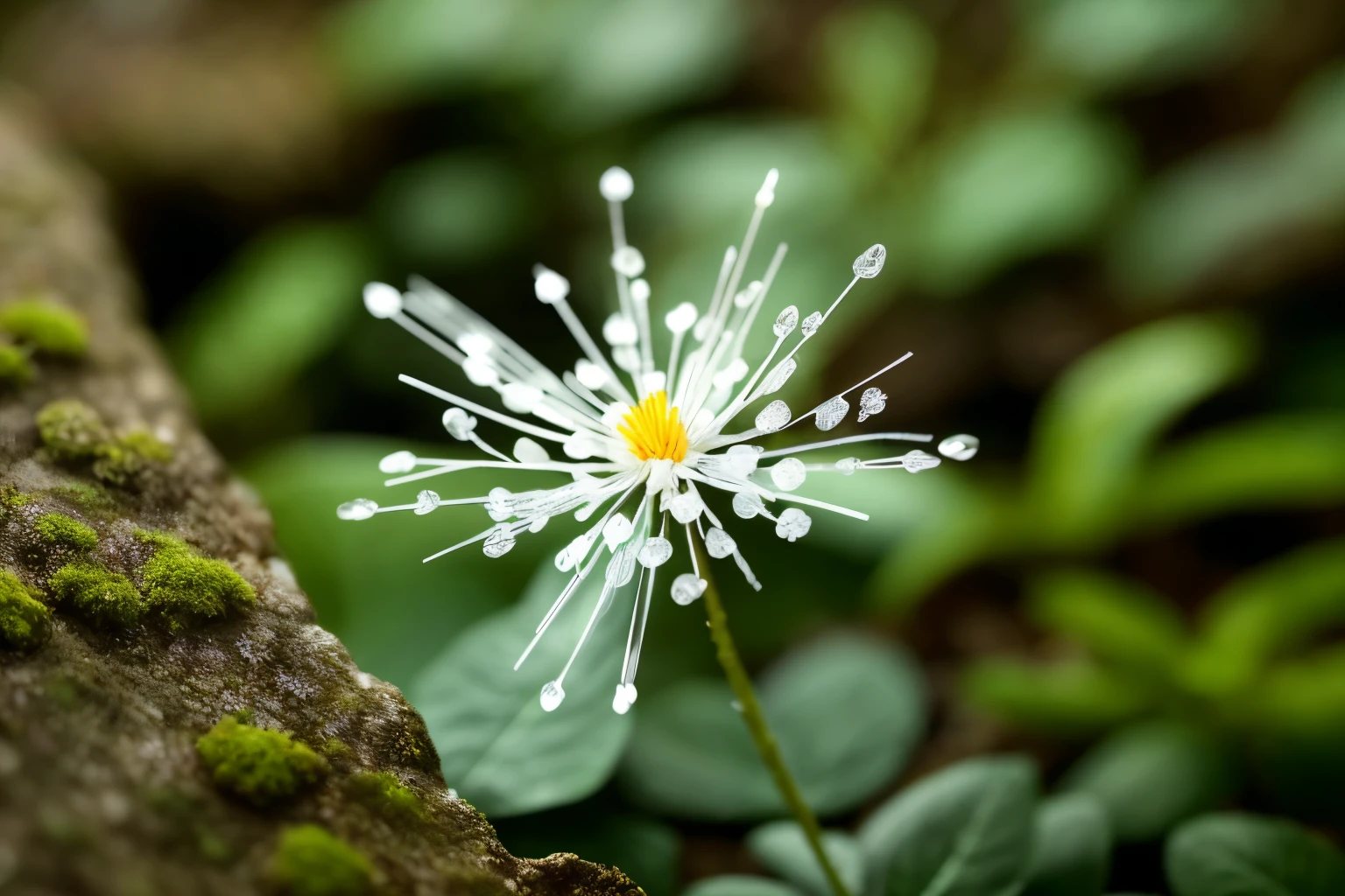A delicate and intricate skeleton flower, reminiscent of a delicate snowflake, blooms amidst the mossy floor of a mystical forest. The translucent white petals, intricately veined with delicate threads, shimmer like frozen water droplets under the soft, dappled light filtering through the canopy above. Adorning its fine filaments are dewdrops, sparkling like diamonds against the crisp morning air, creating a mesmerizing sight as the flower suspends itself in a state of graceful balance. With every subtle movement of the breeze, the petals slightly sway, revealing the intricate patterns within, comparable to a true-to-life master