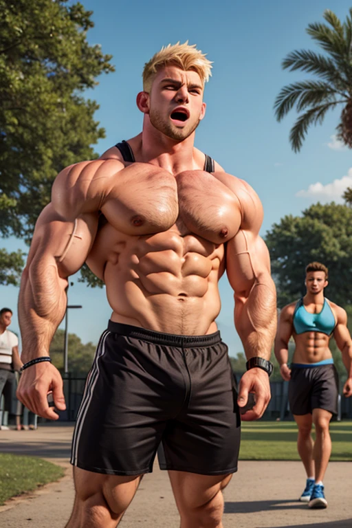 A group of muscular young male college students with bleached blonde hair standing in the middle of a park staring blankly with open mouth and slumped shoulders as their muscles grow bigger and begin to tear out of their tight shirts, becoming just another couple of dumb bodybuilder jock bros in the community as they say, "Bigger... Dumber.... What up, bro?" Hyper muscles. Big biceps. Big triceps. Big traps. Broad shoulders. Massive pecs. Strong abs. Broken Tank top strap. Bulging crotch. Hyper bulge. Bro. Brain to brawn. Brute. Assimilation. Hypnosis. Brainwashing.  Dumber and dumber. IQ drain. Compression gear.
