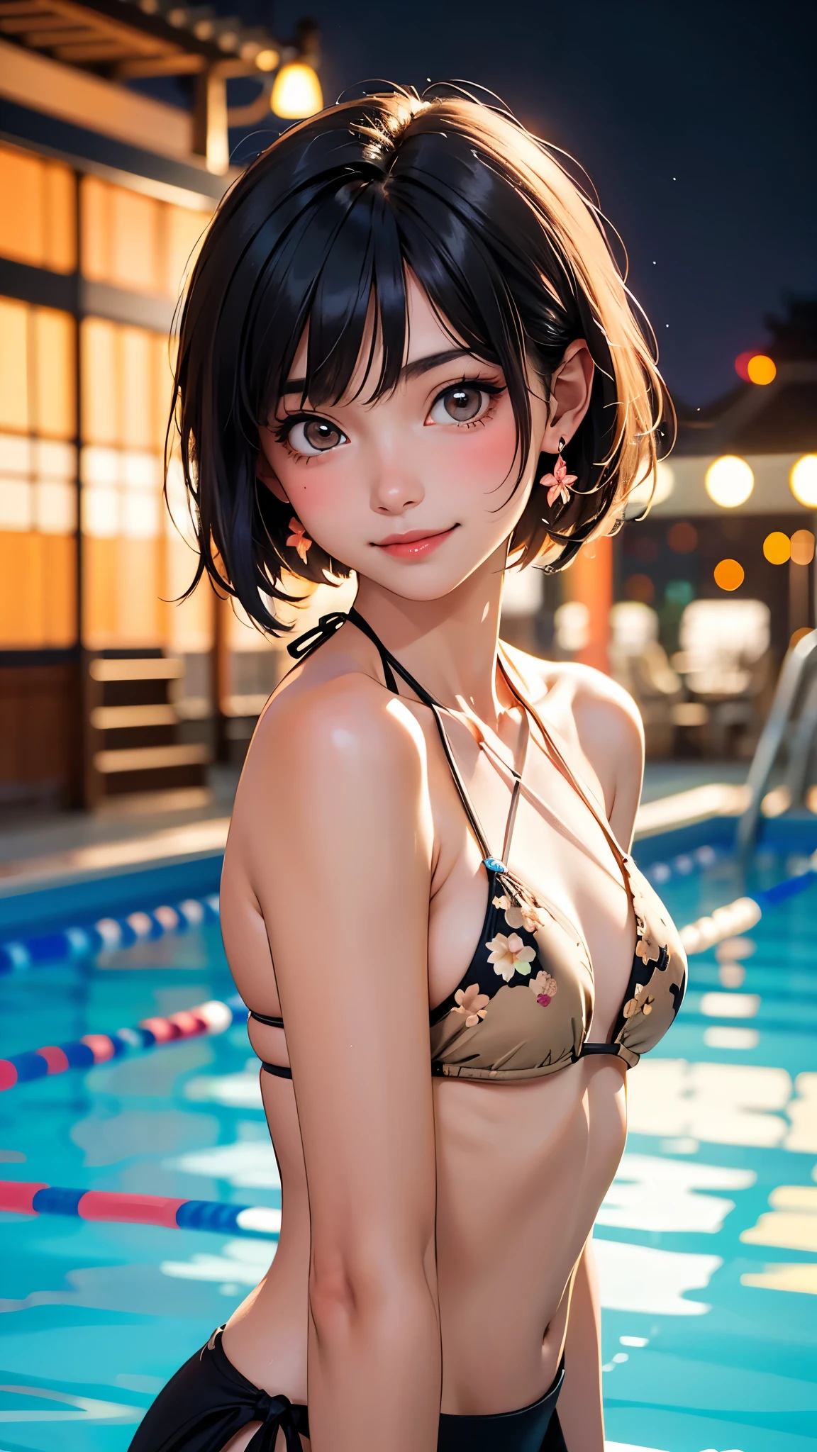 ((Night Pool))、((Beige floral halter bikini))、((Neon glowing background))、(RAW photo, best quality), (Beauty photography:1.3),(masterpiece), ((upper body)),((japanese,1girl)), ((short Black hair)), looking at the viewer, standing, smiling, earrings,asymmetric_bangs,