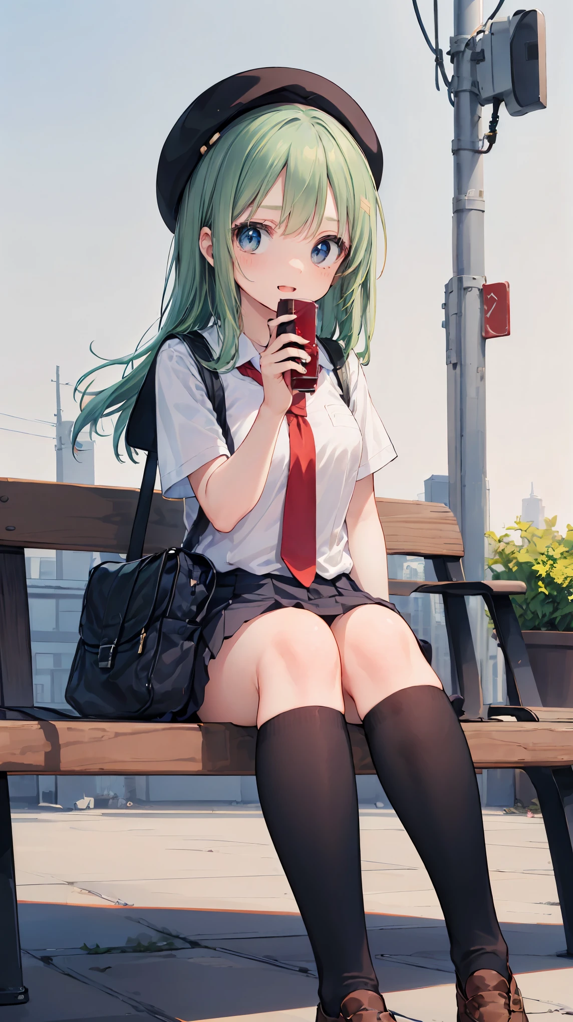 (masterpiece, highest quality), High resolution, Detailed face:1.2, anime(1.2), Sharpness, 4K, A woman taking a photo, Panic face, upset, Open your mouth, Long Hair, Green Hair, Straight hair, Fine skin, Beautiful Hands, Beautiful fingers, Wearing a beret, tie, Short sleeve blouse, Pleated skirt, school bag, Thighs, Absolute area, Knee socks, hand between legs,, Daytime, Hot summer day, School, Schoolyard, Sitting on a bench, holding Canned juice, Natural light, Sharp focus, Hasselblad Photography, Cinema Lighting, whole body, Canned juice,