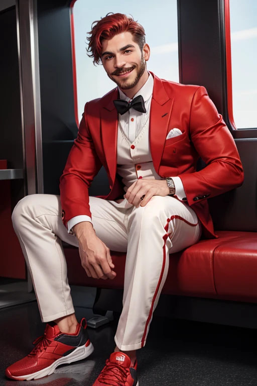 a man, short, with a red mustache and hair, in a red suit, white shirt and black shoes, smiling maliciously