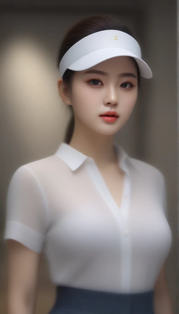 1girl, beautiful detailed eyes, beautiful detailed lips, extremely detailed face, long eyelashes, gorgeous korean woman, large round breasts, translucent white shirt, visor, pants, standing in gallery hall, bokeh background, (best quality,8k,highres,masterpiece:1.2),ultra-detailed,realistic,photorealistic,HDR,studio lighting,vivid colors,concept art
