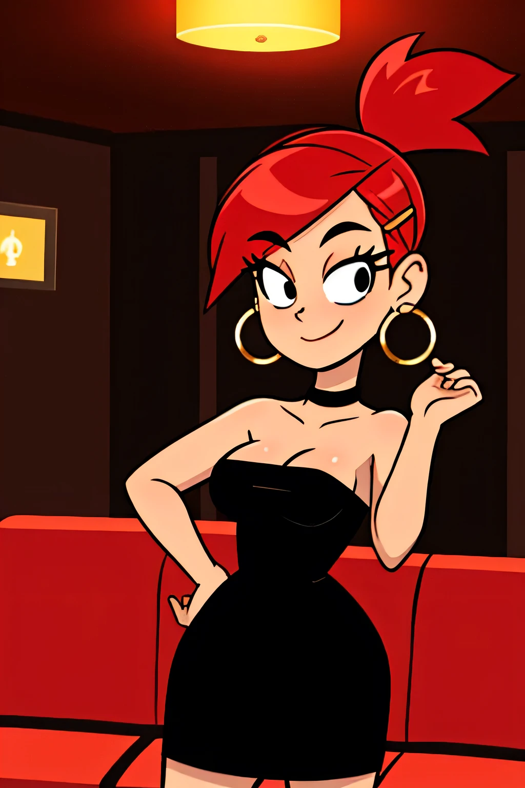 frankie foster, FostersStyle, (black pupils), red hair, strapless, black eyes, black dress, gold hoop earrings, sexy posing, hands on hip, hair clip, standing, medium breasts, ponytail, seductive smile, cowboy shot, indoor room, sofa