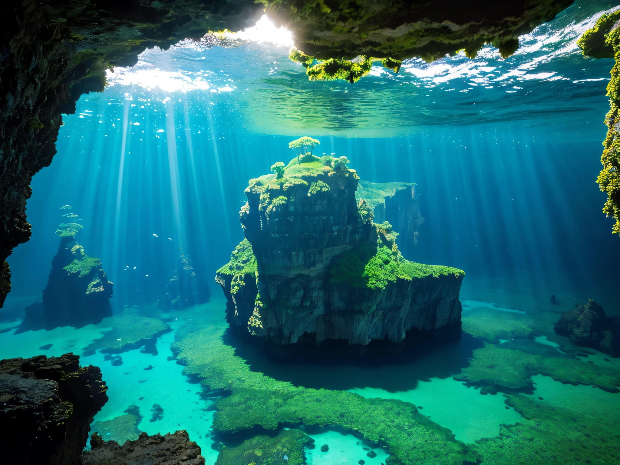 The Azure Lagoon of Tranquility: A hidden lagoon lies nestled amidst towering cliffs draped with lush greenery. The water here possesses an otherworldly quality, a radiant azure hue that seems to glow from within. The surface of the lagoon is a mirror, reflecting the towering cliffs and vibrant foliage that surround it, creating a seamless merging of reality and reflection. Exotic, bioluminescent creatures glide beneath the surface, leaving trails of shimmering light in their wake.