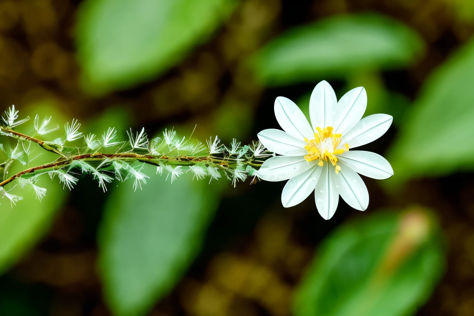 A delicate and intricate skeleton flower, reminiscent of a delicate snowflake, blooms amidst the mossy floor of a mystical forest. The translucent white petals, intricately veined with delicate threads, shimmer like frozen water droplets under the soft, dappled light filtering through the canopy above. Adorning its fine filaments are dewdrops, sparkling like diamonds against the crisp morning air, creating a mesmerizing sight as the flower suspends itself in a state of graceful balance. With every subtle movement of the breeze, the petals slightly sway, revealing the intricate patterns within, comparable to a true-to-life master
