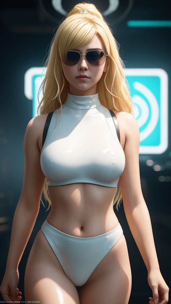 Blond fit beautiful age girl, blue sunglasses, wearing white latex dancing to music, cyberpunk 2077, blade runner, full body, perfect lighting. Perfect composition Beauty Award winning masterpiece Artstation 8 k Artgerm Mucha Dim Volumetric lighting Octane 18 k Beautiful detail rendering. post processing, portrait, exaggerated detail, complex, epic composition, cinematic lighting, masterpiece, trending art station, high detail, masterpiece, beautiful, 18k , HDR, smooth, sharp focus, high resolution.
