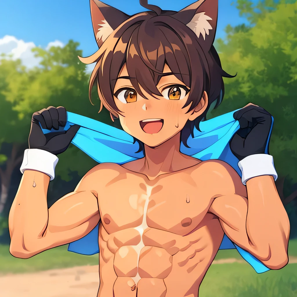 Colorful ic0n icons, ik1, 1 boy, brown hair, Cat ear, cartoon bones, Shining eyes, Excited, Well-defined abs, sweat, (), outdoor