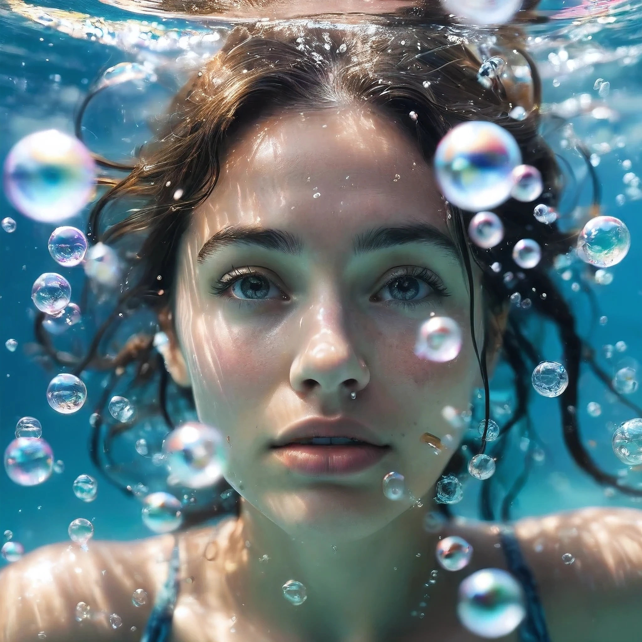 best quality, ultra realistic, close-up shot of woman's face, falling underwater and floating air bubbles, 