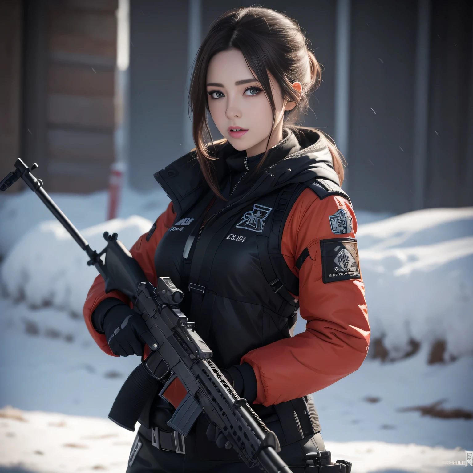 (8k, La mejor calidad, Obra maestra:1.2) personajes dos chicas de anime juntas labios rojos gruesos y calientes Ojos 4k y cara extremadamente detallados,hermosos ojos azules hermosos ,con pechos enormes muslos hechizantes cuerpo completo sentados en un banco en la nieve con un rifle, Desde NCSOFT, De Girls Frontline, Ilustraciones oficiales HDR,