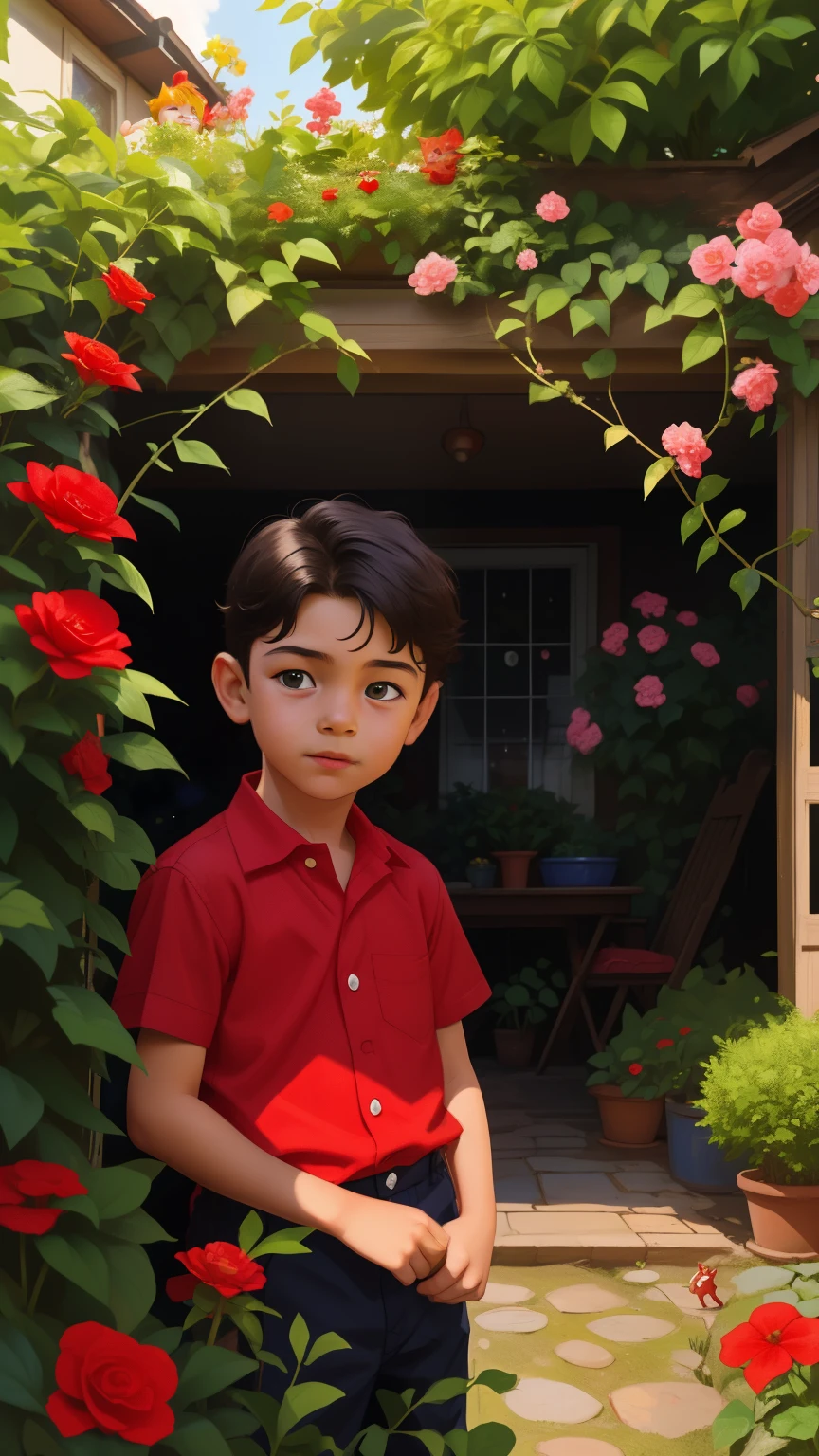 A realistic picture of a -year-boy, wears a red chemise . His face is childish and exploratory . He goes out cautiously into the garden of the house and finds a small cat among the bushes and touches it cautiously ,Without facing the camera, 