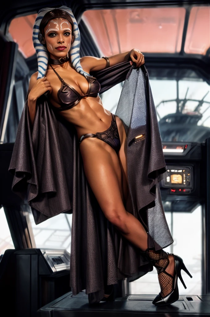 Detailed atmospheric photography. Young muscular athletic (((ahsokatano rosario dawson))), 25 years old, (((undressing))), taking off her bikini on a starship enterprise. Lots of skin on show. Leather, mesh, thong, High leg-line, high heels, plunging cleavage, intricate choker, red, gold black. Cleavage, Great thighs, large breasts, great ass, muscular body, dark red lipstick, detailed makeup, intricate makeup, eyeshadow, eyeliner wings. (((undressing))). Seductive lighting. Full length shot, Risky Pose, seductive, looking into camera.
