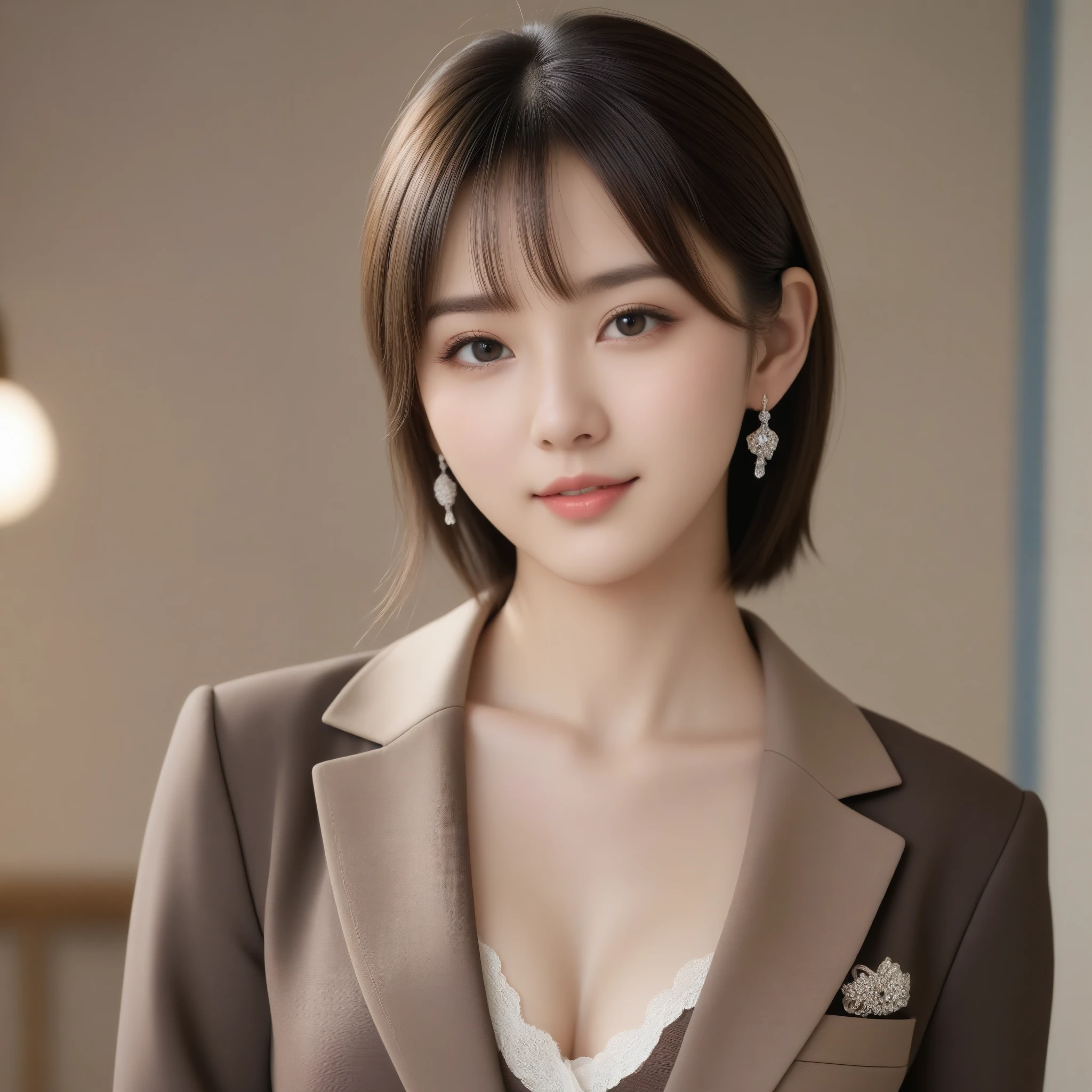 8k, 超High resolution, highest quality, masterpiece, Surreal, photograph, 1 girl, (16 years old:1.3), pretty girl, Cute Face, Beautiful eyes in every detail, 細かくdetailedに,masterpiece,, One Girl:1.2, Japan Female Announcer,highest quality, Realistic, 非常にdetailed, detailedに, High resolution, とても美しい16 years oldの日本人女性, wearing an expensive brown formal suit,uniform、Diamond Earrings, Sharp focus, Perfect dynamic composition, Beautiful details, High nose、shapely nose、Thin Hair, detailedかつリアルな肌の質感, Cool look、Cool face、 Model Body Type、Narrow forehead、Black unkempt hair、drooping bangs,Bold Pose,Looking at the audience、beauty,Long neck、Laugh a little、Please close your mouth and laugh、(((Ideal body type))),A cup small breasts :2,whole body、Perfect Anatomy、鮮明なdetailed、detailed、Surreal、Light and shadow,Strong light
