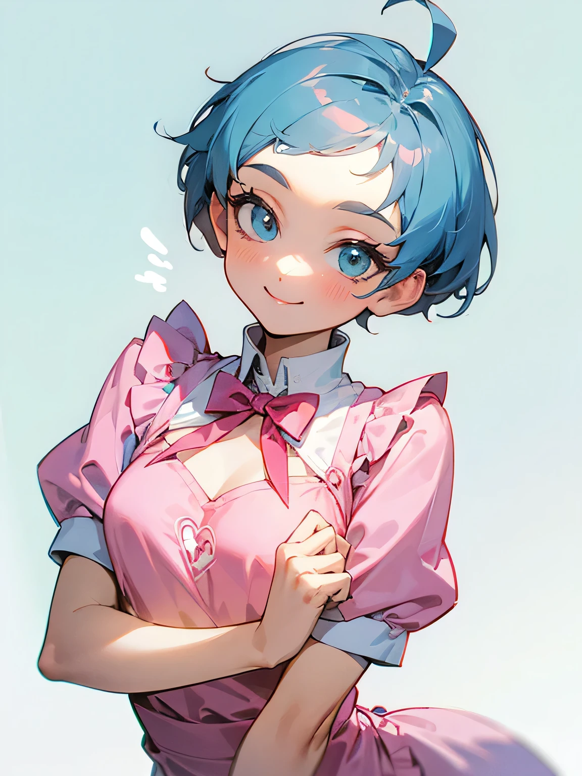 head shot,Light blue, short hair, pixie cut, open forehead, smile, charming chest, pink and white waitress clothes, fancy restaurant, pastel blue and white cute background,