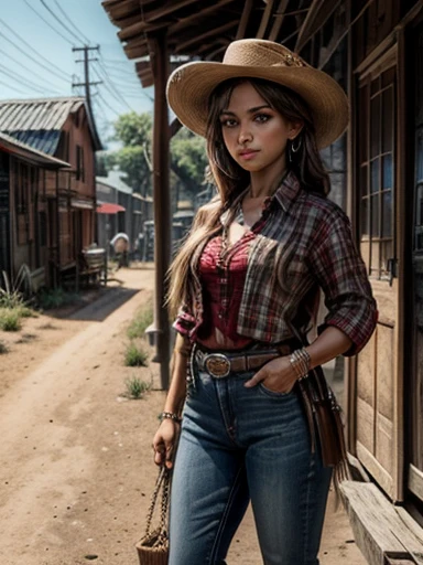 Uma linda mulher em estilo country, (camisa social xadrez red and black bem colada, justa), destacando-se em uma cidade faroeste. Sua pele bronzeada brilha sob o sol poente "suor", olhos verdes radiantes, e cabelos castanhos ondulados caem suavemente sobre seus ombros. She wears a brown cowboy hat, uma camisa xadrez vermelha ajustada, jeans desbotados e botas de couro intricadamente bordadas.
She is on a dirt street surrounded by wooden buildings typical of the western. The local saloon has swinging doors and a porch where cowboys chat. The barbershop displays a rotating sign, and the blacksmith shop next door is active with the sound of hammering. Horses tied to wooden posts and a hay cart passing by complete the scene.. The golden light of the sunset lengthens the shadows and bathes the city in a warm glow, capturing the vibrant essence of the old west.