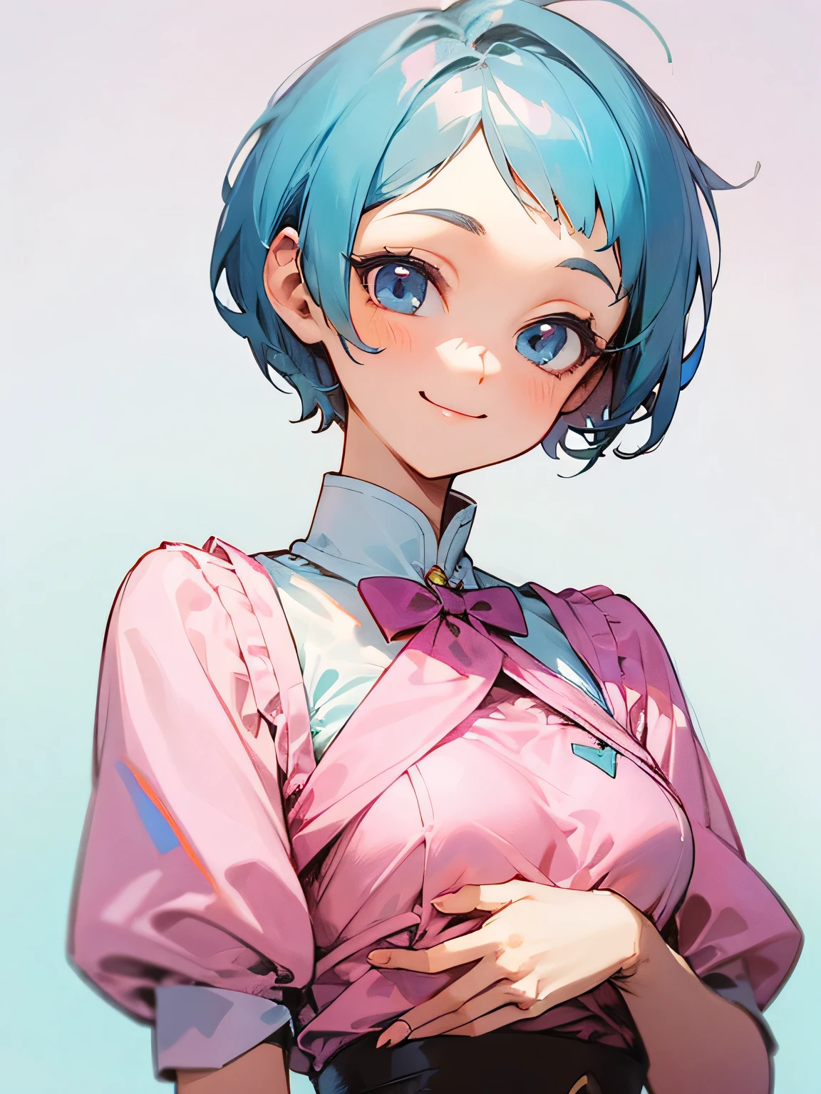 head shot,Light blue, short hair, pixie cut, open forehead, smile, charming chest, pink and white waitress clothes, fancy restaurant, pastel blue and white cute background,