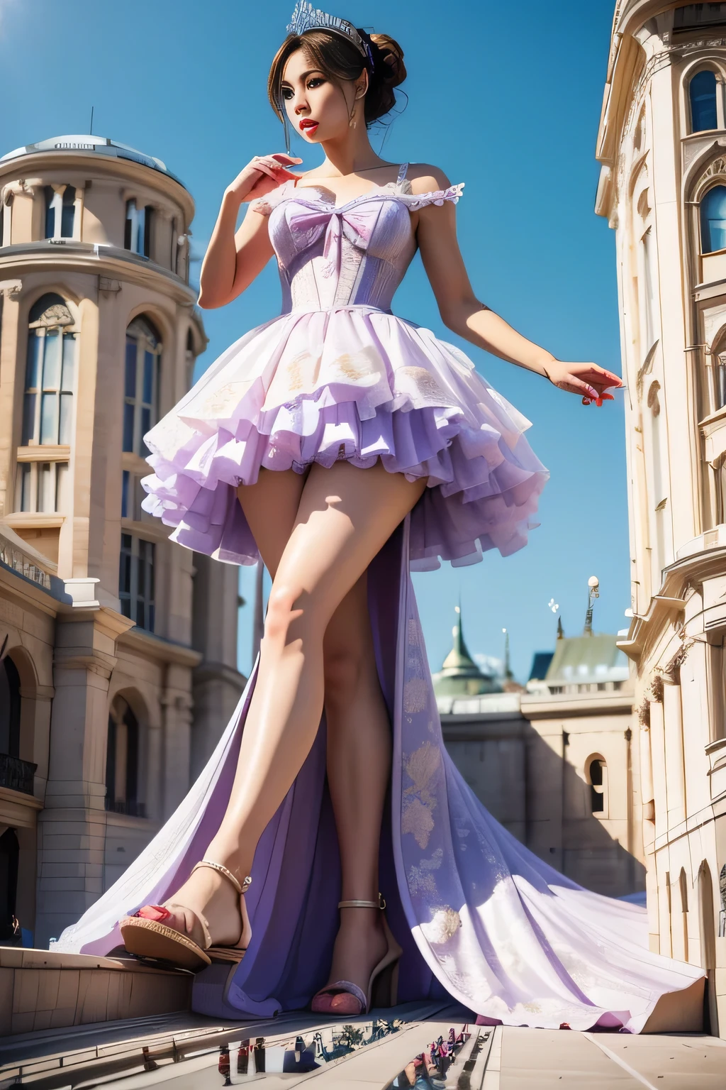 giantess art, highly detailed giantess shots, giantess, Two legs, Five fingers, short hair, super giant princess, A beautiful girl who is bigger than any skyscraper, Wearing rimless glasses, Big Breasts, White gorgeous dress, White pantyhose, High heeled white sandals, A very small big city, Miniature metropolis, Full body description, GTS, giga giantess, stomping city, crash city, tiny city, micro city, pantyhose feet, High resolution, highest quality, masterpiece, princess dress, 