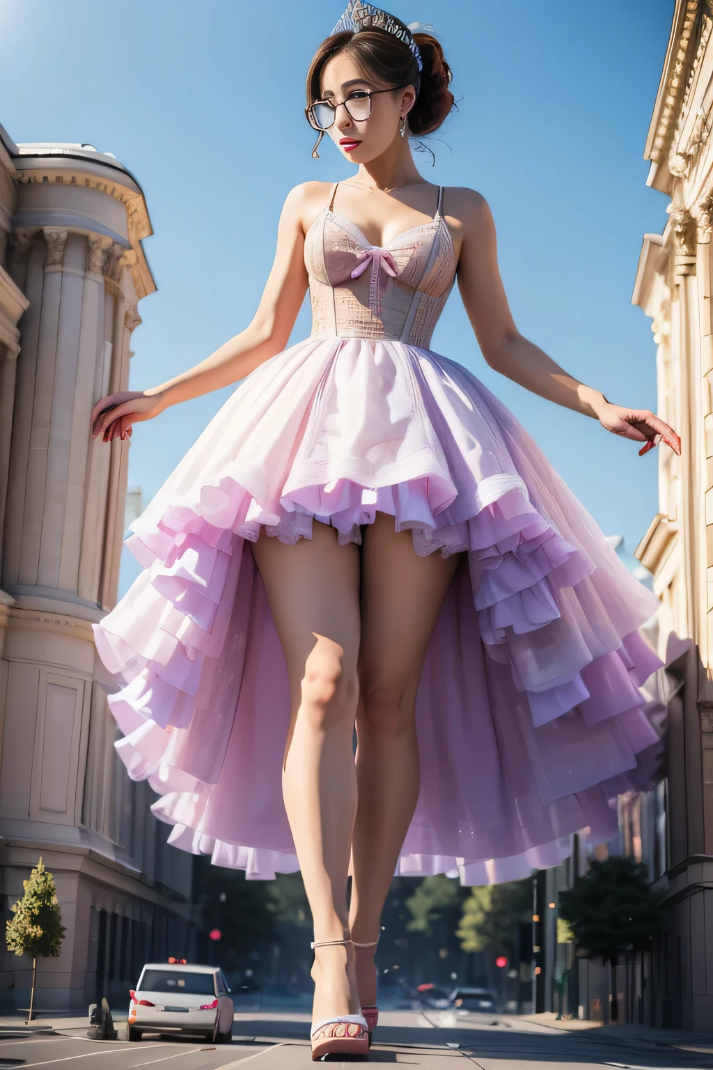 giantess art, highly detailed giantess shots, giantess, Two legs, Five fingers, short hair, super giant princess, A beautiful girl who is bigger than any skyscraper, Wearing rimless glasses, Big Breasts, White gorgeous dress, White pantyhose, High heeled white sandals, A very small big city, Miniature metropolis, Full body description, GTS, giga giantess, stomping city, crash city, tiny city, micro city, pantyhose feet, High resolution, highest quality, masterpiece, princess dress,