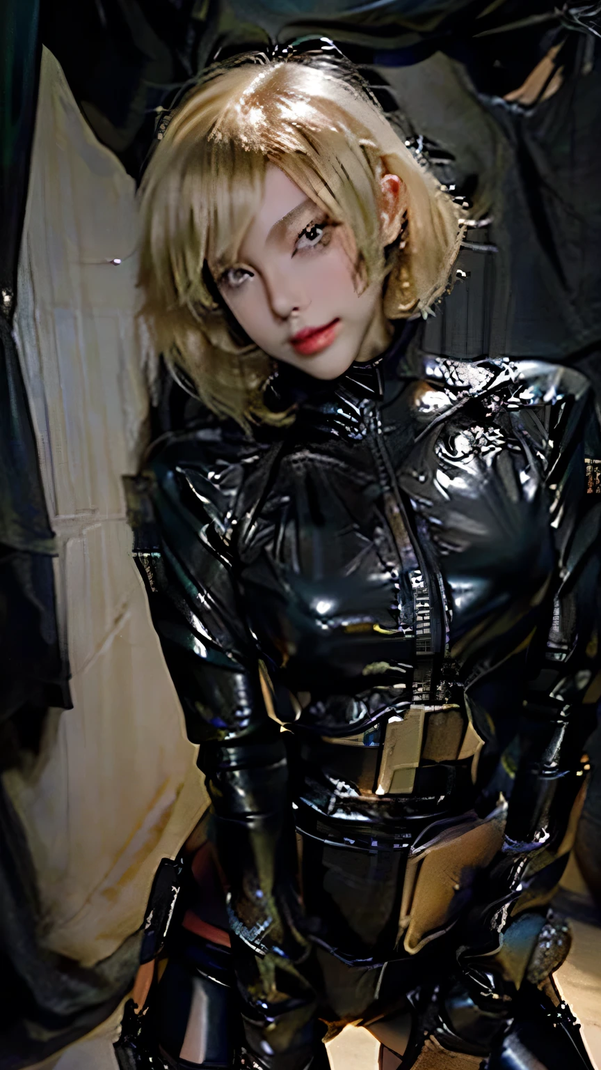 (8K, RAW photos, top quality, masterpieces: 1.2), (realistic, photorealistic: 1.4), cute, Japan girl, petite, delicate and beautiful face, blonde, bob cut, professional lighting, photon mapping, radiosity, physically based rendering, costumes covering the whole body, shiny costumes, rubber, black pilot suit, Beautiful woman with perfect figure: 1.4, sexy, watch viewer, CG wallpaper, medium breasts, black gloves, full body, black long boots, sitting in a forward leaning position, open thighs, light smile, one ear headset