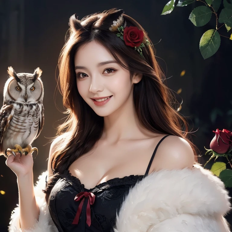 (Highest quality, masterpiece: 1,1), (busty  with owl, dark eyes, bright smile, rose hair, illustration), painting, detailed, 8K