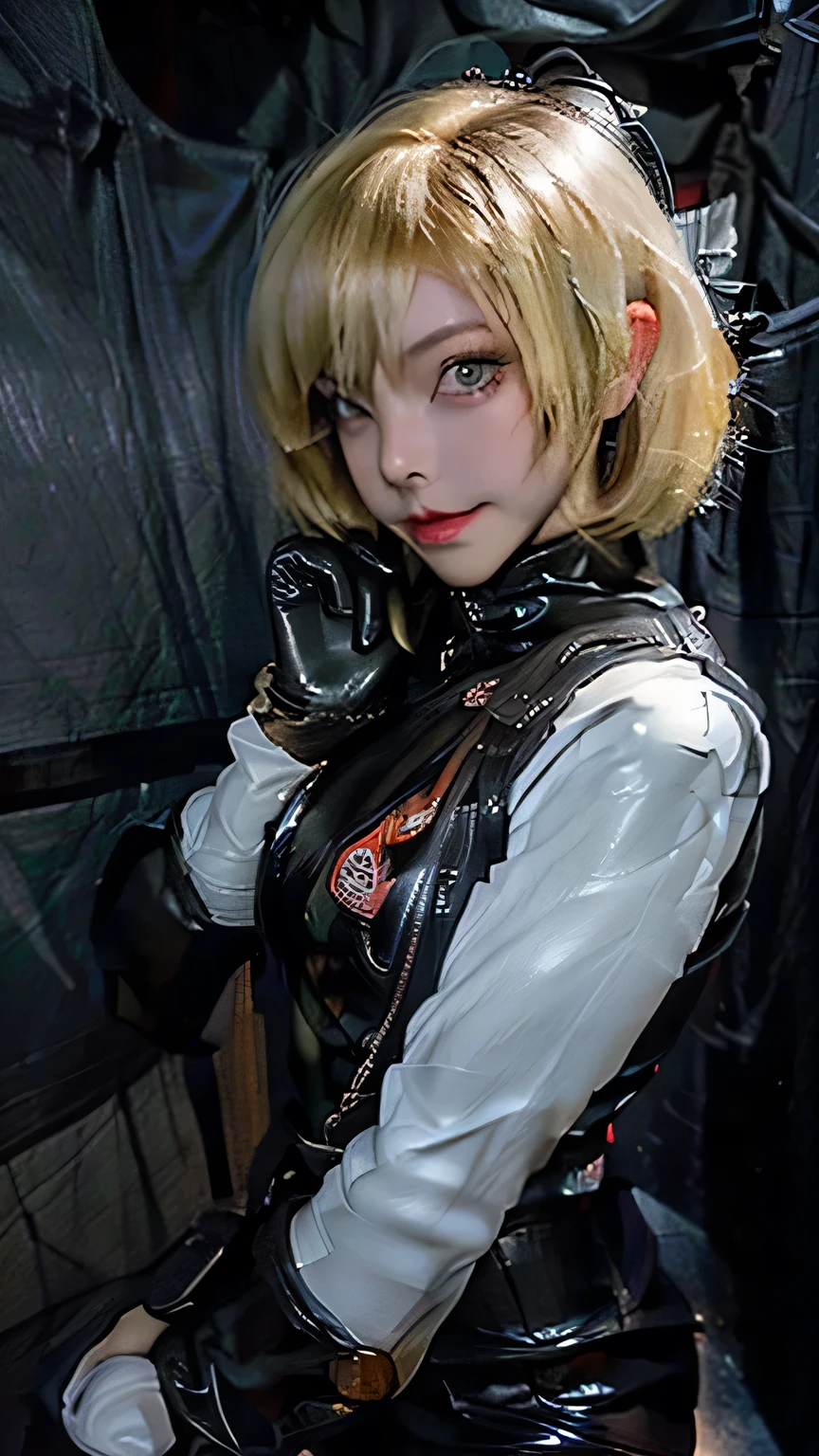 sexy, ((Blonde short hair)), black eye, Excellent, (Latex white and black leotard), Black boots, Black gloves, 黒いHigh heel boots、 (Short blonde hair), Latex white and black leotard, (Black long boots), (Black Leather Gloves), High heel boots、((Portraiture))、 Latex white and black leotard), ((Stand and pose))、((Upper body portrait)), 、masterpiece, 最high quality, high quality, High resolution、((In a dark cave))、Black Theme, High-legged leotards