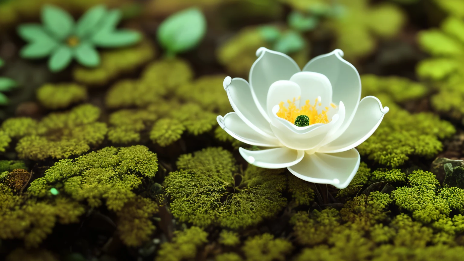 A breathtakingly beautiful skeleton flower with delicate, translucent white petals adorned with intricate veined patterns is delicately suspended amidst a mossy forest floor. The flower is bathed in soft, diffused light, with dewdrops glistening on its fine filaments, creating a mesmerizing sight. The forest floor is vibrant with mossy greens, adding a touch of whimsy to the overall scene. This magnificent and exquisitely detailed work of art, reminiscent of the intricacy of nature itself, seems to be a true masterpiece, captured in the highest quality using a Nikon camera with natural light and advanced 4k technology