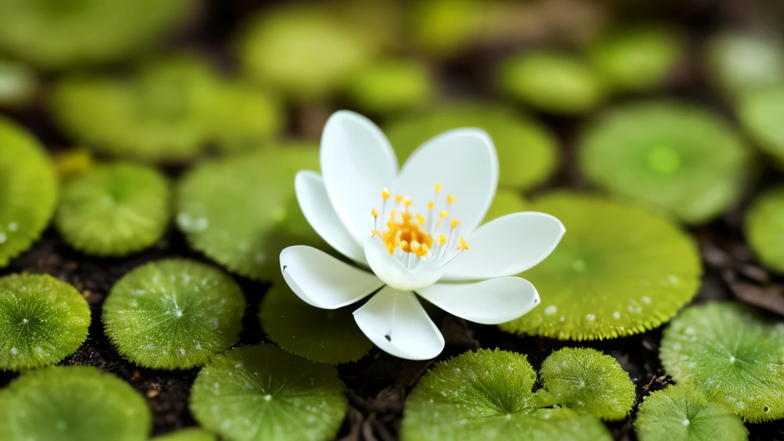 A breathtakingly beautiful skeleton flower with delicate, translucent white petals adorned with intricate veined patterns is delicately suspended amidst a mossy forest floor. The flower is bathed in soft, diffused light, with dewdrops glistening on its fine filaments, creating a mesmerizing sight. The forest floor is vibrant with mossy greens, adding a touch of whimsy to the overall scene. This magnificent and exquisitely detailed work of art, reminiscent of the intricacy of nature itself, seems to be a true masterpiece, captured in the highest quality using a Nikon camera with natural light and advanced 4k technology