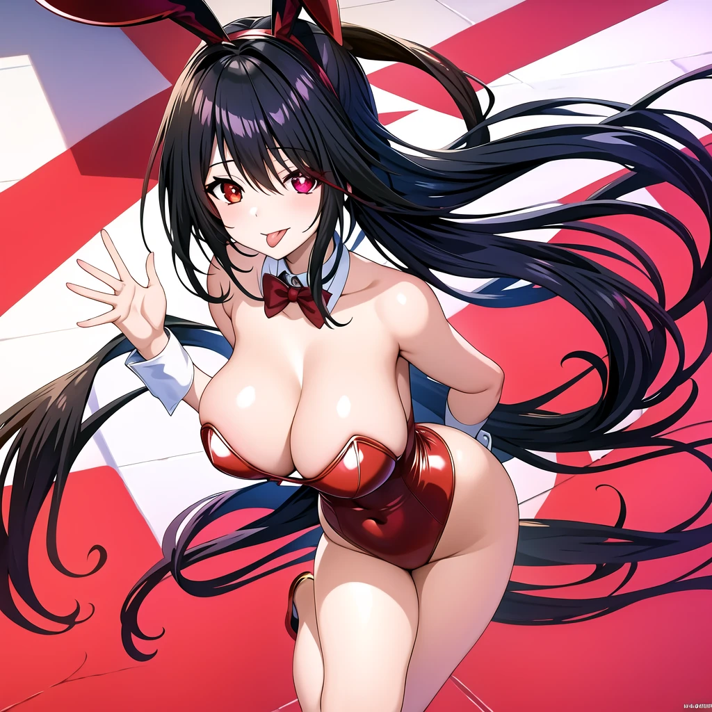 Kurumi, (obra maestra, mejor calidad:1.2), 1 GIRL, SOLO, RED RIGHT EYE, BLACK BRA, BLACK HAIR, CLEAVAGE, HAIR DECORATION, BARE SHOULDERS, BIG BREASTS, GOTHIC, 1GIRL, SYMBOL-SHAPED PUPILS, ANIMAL EARS, BREASTS, BDSM, RABBIT EARS, BONDAGE, CLOCK EYES, HETEROCHROMIA, BOUND, PLAYBOY BUNNY, TONGUE OUT, SOLO, ARMS BEHIND BACK, TONGUE, RED LEOTARD, LEOTARD, ASS, TWINTAILS, VIBRATOR, NSFW, TOKISAKI KURUMI