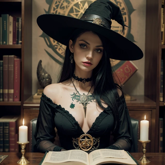 Masterpiece, 1girl, witch, ultra life-like detail, best quality, full body, Sultry, slender, Pagan tattoos, pagan makeup, green eyes, ornate, black cat, feathers, piercings, astrology, sacred geometry, magic circles, candles, scrolls, books, blood, diffractions, reflections, dust, fog, witchhat