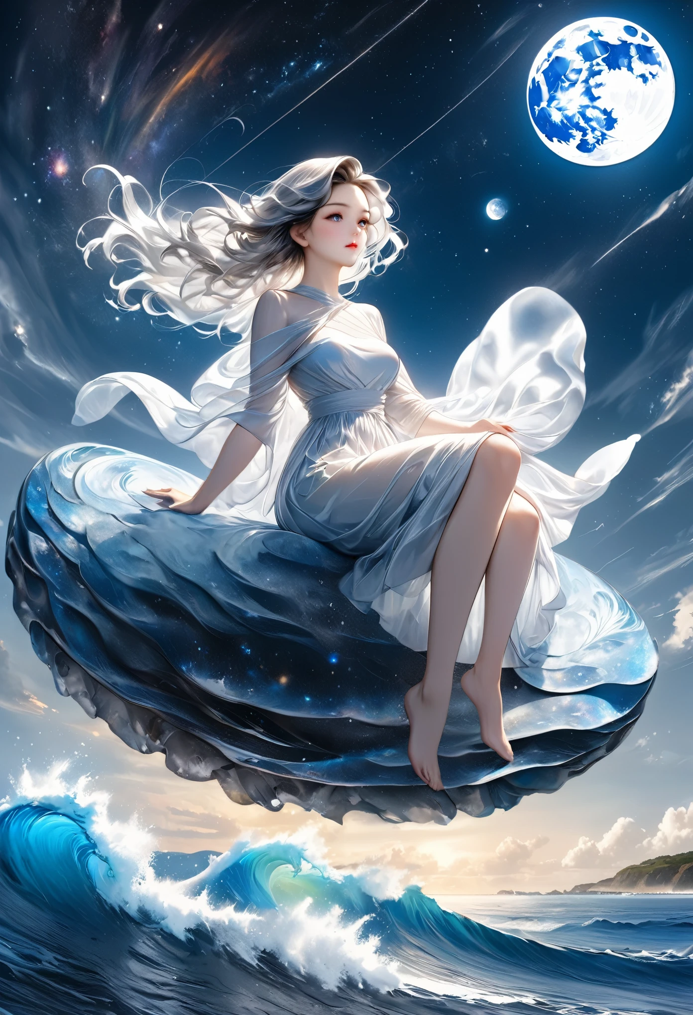 best quality, super fine, 16k, masterpiece, RAW photo, photorealistic, A three-dimensional depiction of undulating oil paintings, fusion of watercolors and oil paintings, combination of monochrome and color, the ocean and the galaxy universe in the big full moon during the day, beautiful fantasy woman seated in the air, outstanding image effects, wonderful work of art